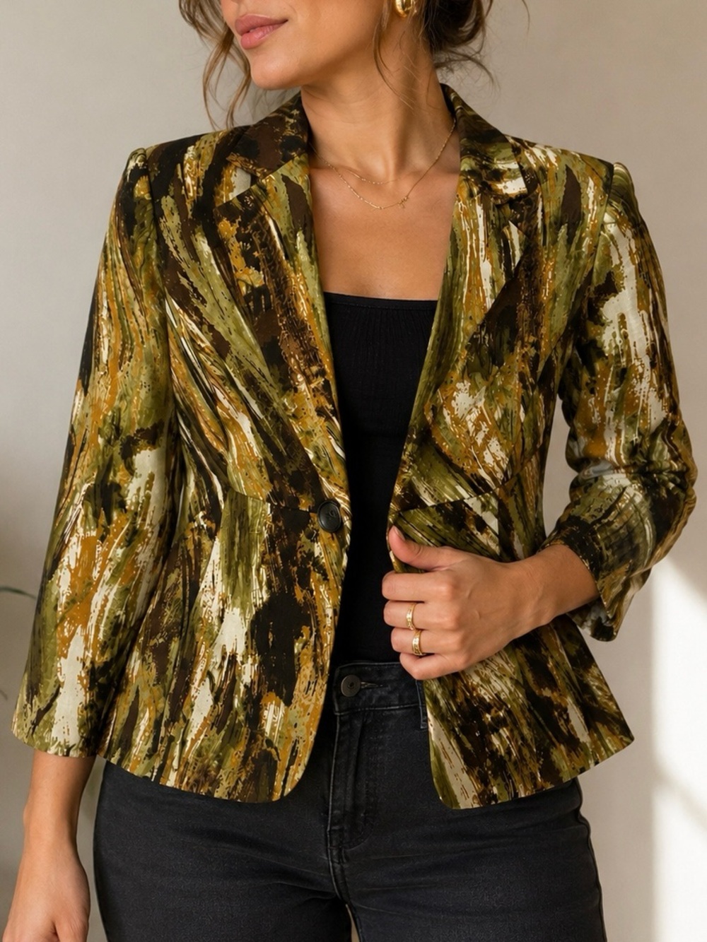 Le Suit Olive & Brown Abstract Print Single-Button Blazer